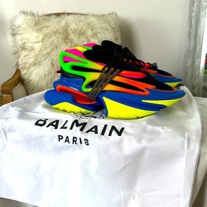 Worn twice for a performance.Balmain Neoprene & Leather Unicorn Low-Top Sneakers